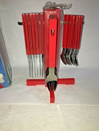 Vtg 1970s mid century modern Red Plastic Handle flatware set & Hanging Rack NIB 7