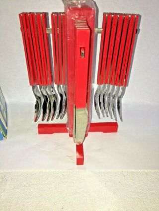 Vtg 1970s mid century modern Red Plastic Handle flatware set & Hanging Rack NIB 8