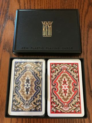 Vtg Kem Plastic Playing Cards W/ Case 2 Decks Paisley Blue & Red Made In Usa