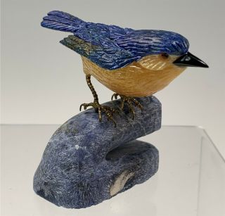 Brazilian Hand Carved Stone Bird On Base In Semiprecious Stones
