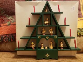 Vintage Goula Spain Wood Christmas Candle Tree Nativity Figures Set