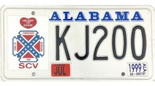 1999 Alabama Sons Of Confederate Veterans Scv License Plate Kj200