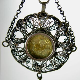 Antique German Bavarian Catholic Silver Filigree Reliquary Box Medallion Rosary