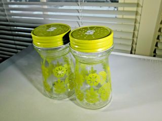 Eames 1960s Alcoa Lidded Avocado Green Shakers Clear Glass With Flower Decals