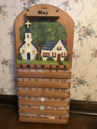 23” X 11” Wooden Perpetual Wall Calendar 3d Country Church & Cottage Extra Tiles