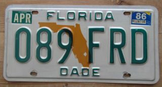 Florida 1986 Dade County License Plate 089 Frd