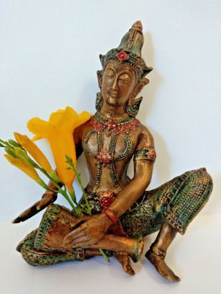 Vintage Thai Seated Buddha Druming Metal W/gold Leaves Sculpture
