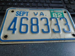 Virginia 1982 Motorcycle License Plate " 468333 " Va 82 Triple Vintage Antique