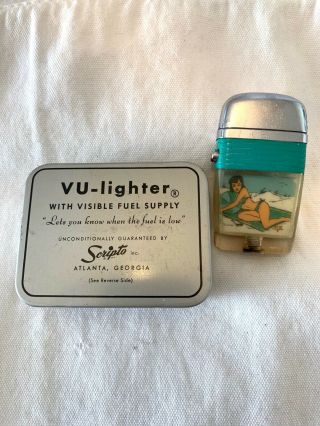 Vintage Vu - Lighter Pinup Girl Turquoise Chrome Visible Lighter Box