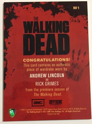 Andrew Lincoln Wardrobe Card Season 1 The Walking Dead 2011 Rick Grimes M - 1 2