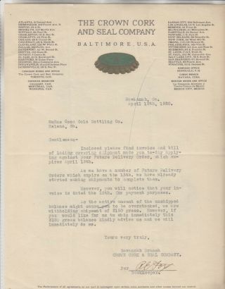 The Crown Cork And Seal Co.  Baltimore U S.  A.  Letterhead Dated April 12th,  1920