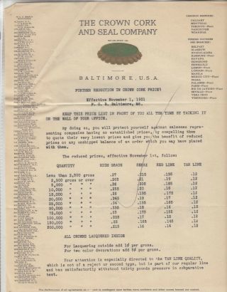 The Crown Cork And Seal Co.  Baltimore U S.  A.  Letterhead Dated Nov.  1,  1921