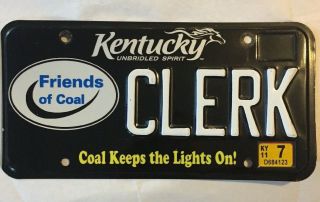 Kentucky Clerk Personalized Vanity License Plate Black Friends Of Coal