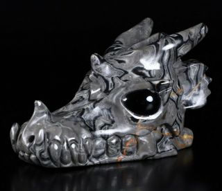5.  2 " Crocodile Jasper Carved Crystal Dragon Skull,  Black Obsidian Eyes,  Healing