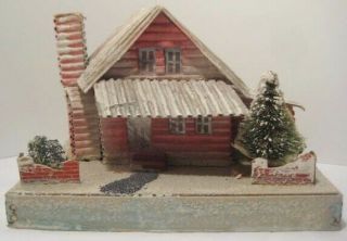 Old Large Cardboard Christmas Log Cabin House For Putz Village W/ Tree Usa