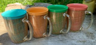 Vintage Raffia Ware Handled Cups Burlap Weave Thermal Insulated Set Of Four 4.  5 "