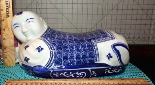 Vintage Chinese Blue & White Hand Painted Porcelain Boy Head Rest Opium Pillow