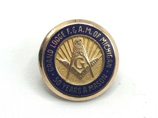 1/10 10k Gold Masonic Grand Lodge Of Michigan 50 Years Mason Service Pin A3