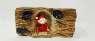 Vintage Red Porcelain Pixie Elf Sitting In A Yule Log Planter 6 "