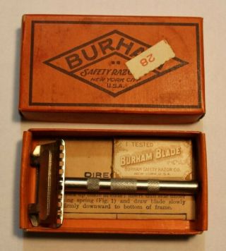 Antique 1909 Burham Single Edge Safety Razor W/shipper,  Instructions W/ 2 Blades