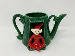Vintage Treasure Craft Red Pixie Elf Sitting On Green Teapot Planter 3 - 3/4 "