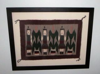 Framed Native American Navajo Hand Woven Wool Yei Sampler Rug By Jessie Gillis
