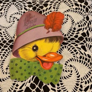Vintage Greeting Card Rust Craft Easter Nephew Duck Hat Feather