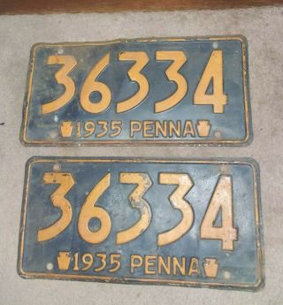 Set Of 2 Vintage,  1935 Dated Pennsylvania License Plates,  Matching 