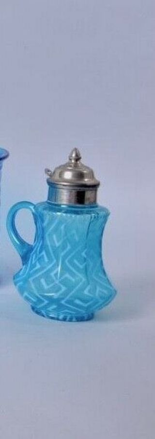 Antique Turquoise Patterned Glass Syrup Pitcher W/original Spout Top