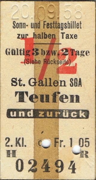 Railway Tickets Switzerland St.  Gallen To Teufen Second Class Return 1958