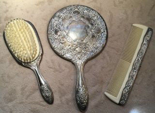 Vintage Antique Vanity Set Mirror,  Brush & Comb Silver Plate Boudoir Dresser Euc