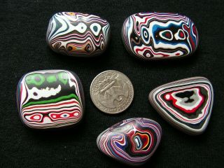 Fordite - 5 Unique Kenworth Cabachons - Reversible - Polished All Around.
