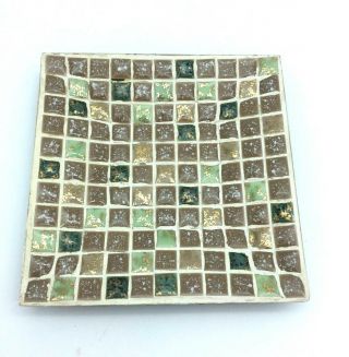 Mid Century Square Mosaic Tile Hand Made Gold Brown Green Tray Vtg Dish