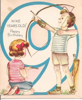 Vintage Birthday Card - 1950s - Nine Years Old 5 - 577 Archery Boy & Girl