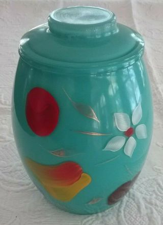 Vintage Bartlett Collins Blue Turquoise Gay Fad Fruit Glass Cookie Jar W/ Lid