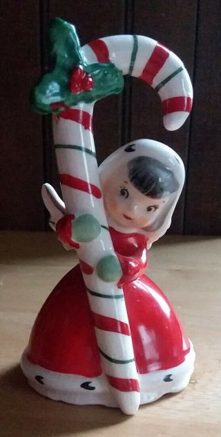 Vintage 1956 Napco Brunette Angel Girl Candy Cane Bell 4 " Christmas Figurine