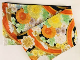 Japanese Kimono / Vintage Fukuro Obi / Black,  Green,  And Orange Floral