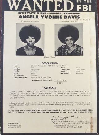 Angela Davis - 1970 Fbi Wanted Poster Board - Black Panther Party - Civil Rights