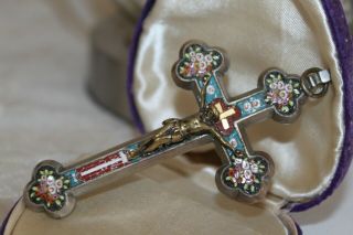 Vintage Italian Micro Mosaic Stone,  Silver Tone Cross,  Crucifix 4 " X 2 "