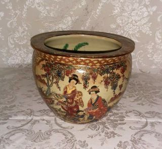 Vintage Asian Oriental Ceramic Porcelain Vase Planter Gold Accents 8 1/2 " X 7 "