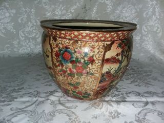 Vintage Asian Oriental Ceramic Porcelain Vase Planter Gold Accents 8 1/2 