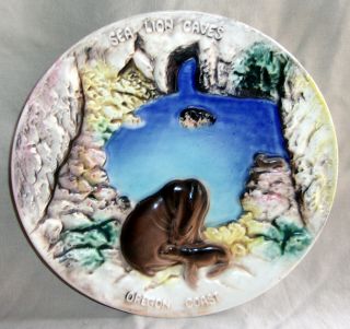 Vintage Souvenir 8 " Ceramic 3 - D Plate Sea Lion Caves Oregon Coast Mother & Pup
