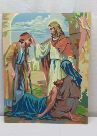 Vintage Paint By Numbers Oil Painting Jesus Healing Blind Man Bible Teacher Art