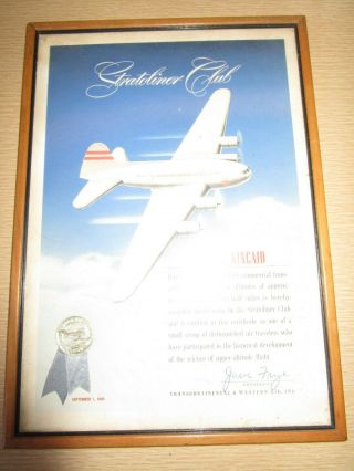 Framed & 1940 Twa Stratoliner Club Transcontinental & Western Flight Certif