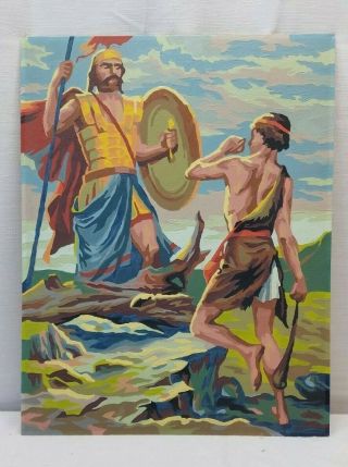 Vintage Paint By Numbers Oil Painting David And Giant Goliath Bible Teacher Art