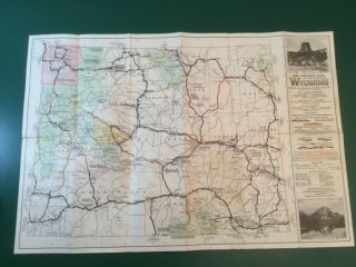 Vintage 1936 Wyoming Road Map Highway Color Coded