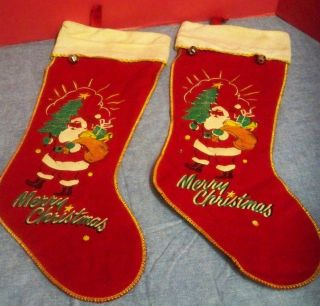 Vintage Set Of 2 Felt Flannel Christmas Stockings Santa Claus Bells 1940s - 50s