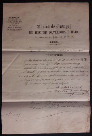 Peru National Coin Testing Certificate For Silver Bar 1881 Pacific War Bill