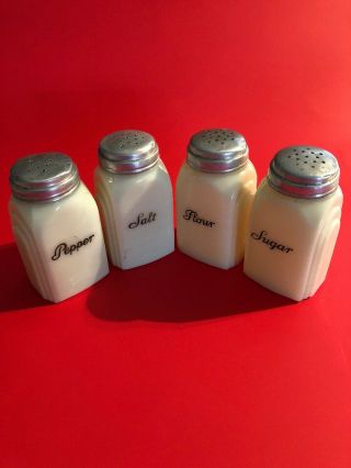Antique Art Deco Complete Set Of 4 Salt Pepper Sugar Flour Milk Glass Shakers