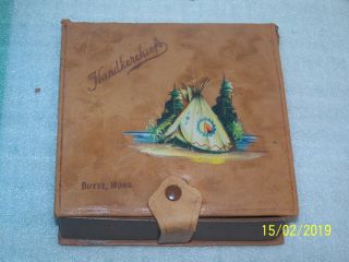 Vintage Leather Souvenir Handkerchief Box - Butte,  Mont - Native American